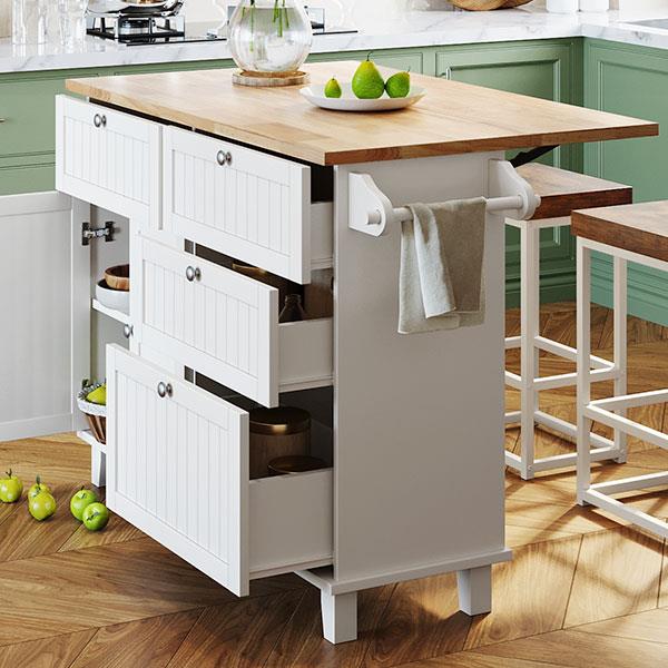 Farmhouse Kitchen Island Set with Drop Leaf and 2 Seatings,Dining Table Set with Storage Cabinet, Drawers and Towel Rack, White+Rustic Brown