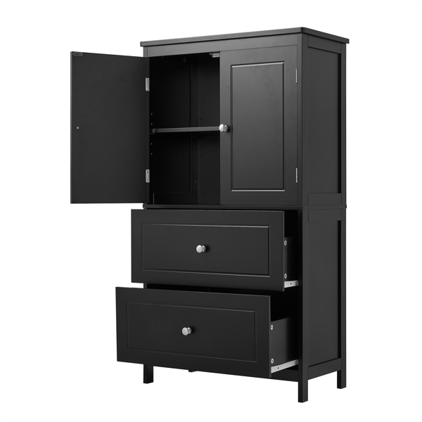 Bathroom Storage Cabinet, Cabinet with Two Doors and Drawers, Adjustable Shelf, MDF Board, Black 