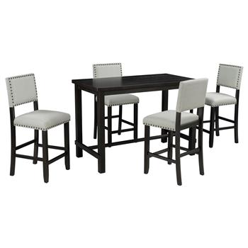 5-Piece Counter Height Dining Set, Classic Elegant Table and 4 Chairs in Espresso and Beige