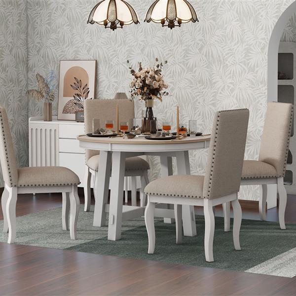 5-Piece Farmhouse Dining Table Set Wood Round Extendable Dining Table and 4 Upholstered Dining Chairs (Oak Natural Wood + Antique White)