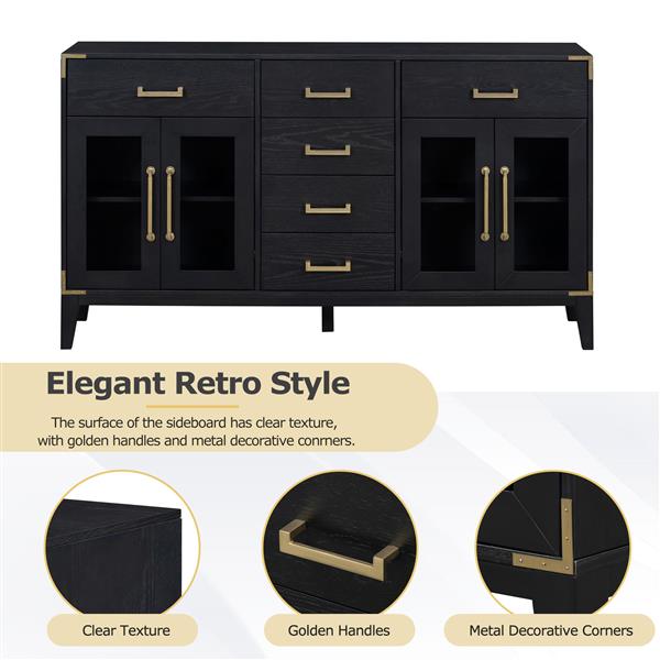 6-drawer and 2-Cabinet Retro Sideboard with Extra Large Storage Space, with ld Handles and Solid Wood Legs, for Kitchen and Living Room (Black)