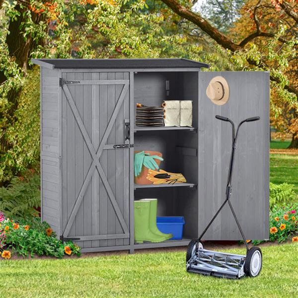 Outdoor 5.3ft Hx4.6ft L Wood Storage Shed Tool Organizer,Garden Shed, Storage Cabinet with Waterproof Asphalt Roof, Double Lockable Doors, 3-tier Shelves for Backyard, Gray