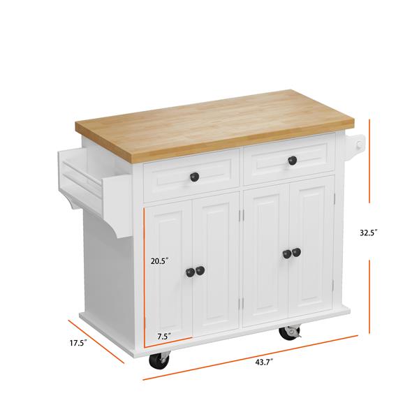 Kitchen Island Cart with Two Storage Cabinets and Two Locking Wheels,43.31 Inch Width,4 Door Cabinet and Two Drawers,Spice Rack, Towel Rack(White)