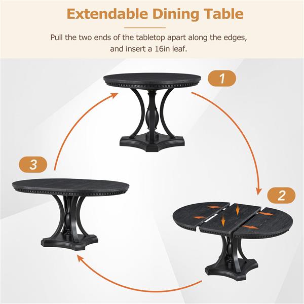 Retro 5-piece Dining Set Extendable Round Table and 4 Chairs for Kitchen Dining Room (BLACK OAK)