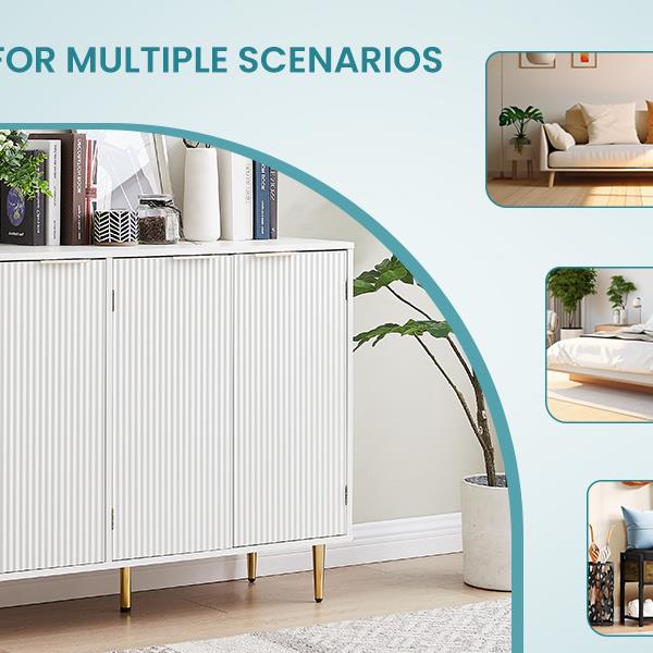 Storage cabinet Wave pattern three door buffets & sideboards for living room, dining room, bedroom , hall, white, 39.4''w x 15.8''d x 33.5''h.