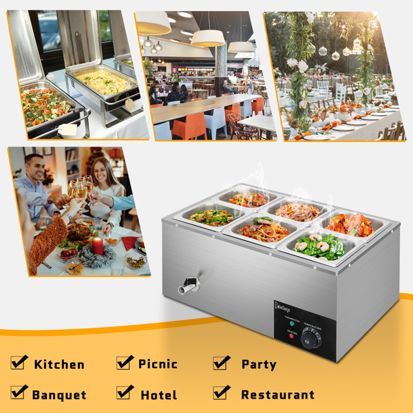 ZOKOP 110V 1200W 3L*6 Stainless Steel Small Six Plates Heating Food Warming Soup Pool Silver