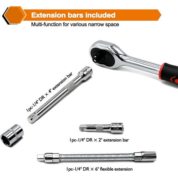 46 Pieces 1/4 inch Drive Socket Ratchet Wrench Set, with Bit Socket Set Metric and Extension Bar for Auto Repairing and Household, with Storage Case，red