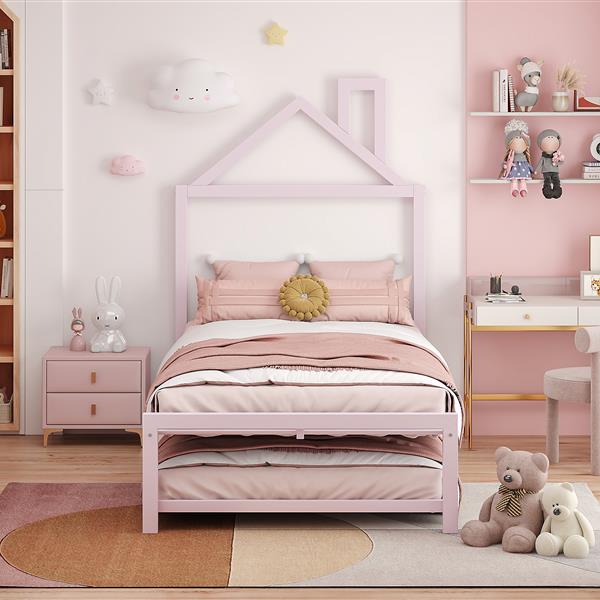 Twin Size Metal Platform Bed with twin size trundle,House-Shaped Headboard Design, Pink