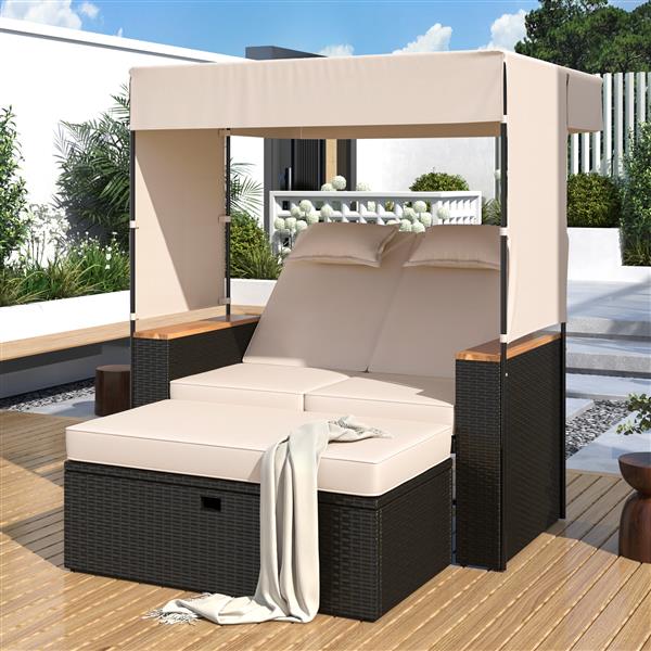 2-Piece Rattan Outdoor Patio Bench Lounge Roof Set, Effective UV Protection Fabric & Waterproof Cushions and Adjustable Backrest for Garden, Backyard and Porch (Brown Wicker + Beige Fabric)