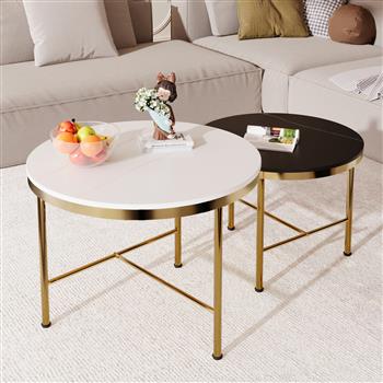 Modern Round Nesting Coffee Table Set 2-Piece Black & White Sintered Stone Top Gold Base in 23.6\\'\\'&17.7\\'\\'