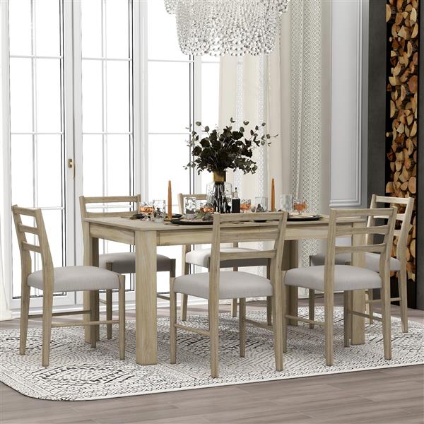 7-Piece Wooden Dining Table Set Mutifunctional Extendable Table with 12" Leaf and 2 Drawers, 6 Dining Chairs with Soft Cushion (Natural Wood Wash)