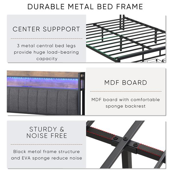 Full Bed Frames with Storage Headboard and Drawers, LED Platform Bed Frame Full Size, LED Upholstered Bed Frame  with Charging Station, No Box Spring Needed, Easy Assembly, Grey