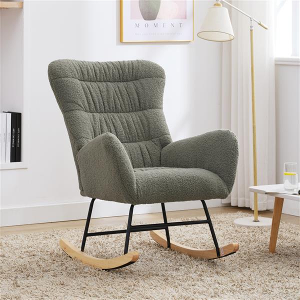 Nursery Rocking Chair, Teddy Upholstered Glider Rocker, Rocking Chair with High Backrest, Comfy Rocking Armchair for Living Room, Bedroom, Offices, GREEN