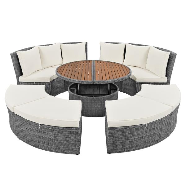 Patio 5-Piece Round Rattan Sectional Sofa Set All-Weather PE Wicker Sunbed Daybed with Round Liftable Table and Washable Cushions for Outdoor Backyard Poolside, Beige