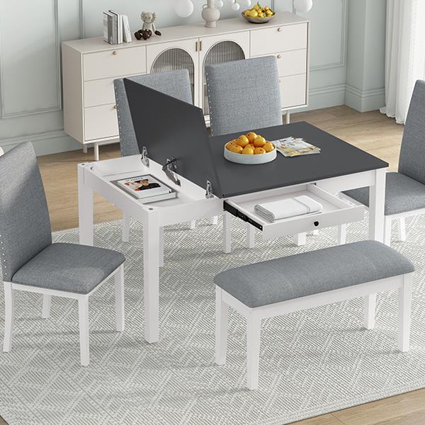 Farmhouse 6-Piece Dining Table Set with Storage Table, Kitchen Table Set with Drawer, Storable Bench and Upholstered Dining Chairs, White+Gray