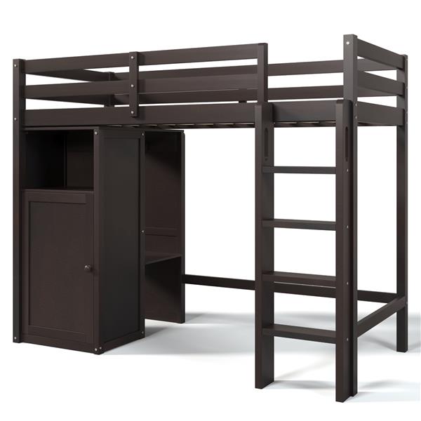 Twin Loft Bed with Wardrobe, Storage Shelves and Ladder, Espresso