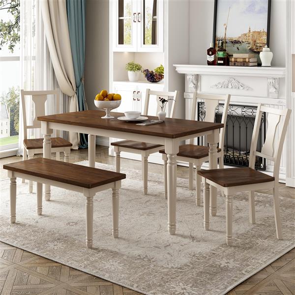 Classic 6-Piece Dining Set Wooden Table and 4 Chairs with Bench for Kitchen Dining Room (Brown+Cottage White)