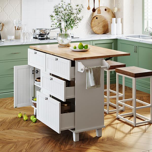 Farmhouse Kitchen Island Set with Drop Leaf and 2 Seatings,Dining Table Set with Storage Cabinet, Drawers and Towel Rack, White+Rustic Brown