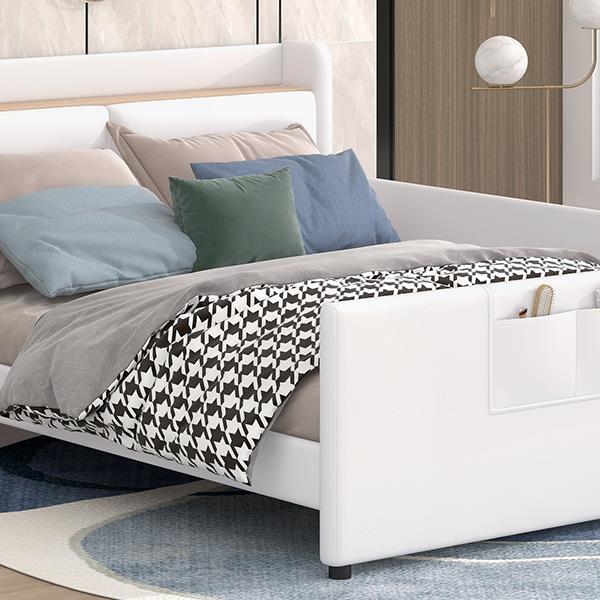 Full Size Upholstered Platform Bed with Guardrail, Storage Headboard and Footboard, Beige