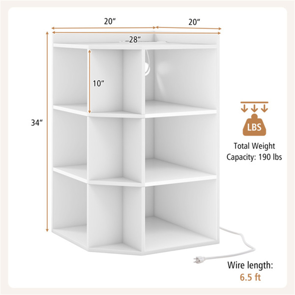 White  three-layer corner cabinet with charging station