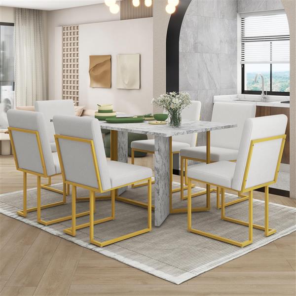 7-Piece Modern Dining Table Set, Artificial Marble Sticker Tabletop and 6 Upholstered Linen Chair All with lden Steel Legs for Dining Room and Kitchen (White + ld)