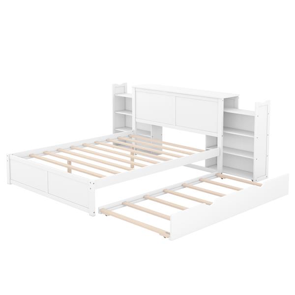 Queen Size Storage Platform Bed with Pull Out Shelves and Twin  XL Size Trundle, White