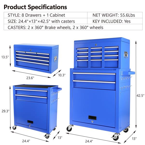 Rolling Tool Chest with Wheels and 8 Drawers, Detachable Large Tool Cabinet with Lock for Garage, Locking Mechanic Tool Cart with Black Liner for Warehouse, Workshop, High Capacity