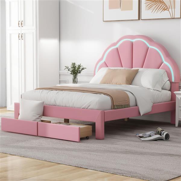 Full Size Upholstered Platform Bed with Seashell Shaped Headboard, LED and 2 Drawers, Pink