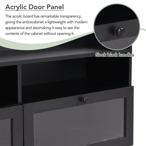 Sleek & Modern Design TV Stand with Acrylic Board Door, Chic Elegant Media Console for TVs Up to 65", Ample Storage Space TV Cabinet with Black Handles, Black