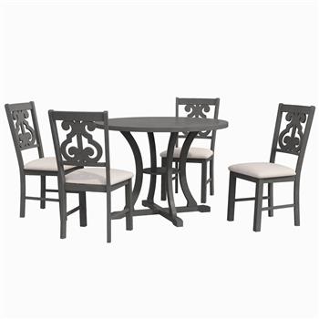 5-Piece Round Dining Table and Chair Set with Special-shaped Legs and an Exquisitely Designed Hollow Chair Back for Dining Room (Gray)