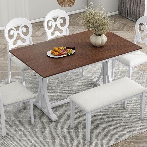 Mid-Century 6-Piece Trestle Table Set with Victorian Round Upholstered Dining Chairs and Long Bench, Cherry+Antique White