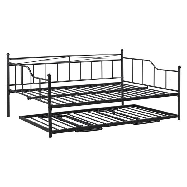 Full Size Metal Daybed with Twin Size Adjustable Trundle, Portable Folding Trundle, Black