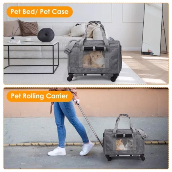 1pc Cat Dog Carrier with Wheels Airline Approved Rolling Pet Carrier with Telescopic Handle Shoulder Strap