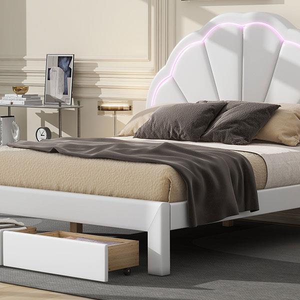 Full Size Upholstered Platform Bed with Seashell Shaped Headboard, LED and 2 Drawers, White