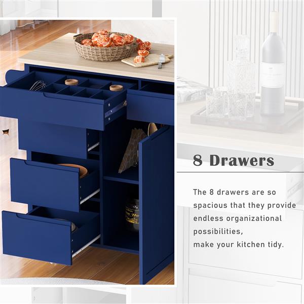 Kitchen Cart with Rubber Wood Countertop , Kitchen Island has 8 Handle-Free Drawers Including a Flatware Organizer and 5 Wheels for Kitchen Dinning Room, Dark Blue