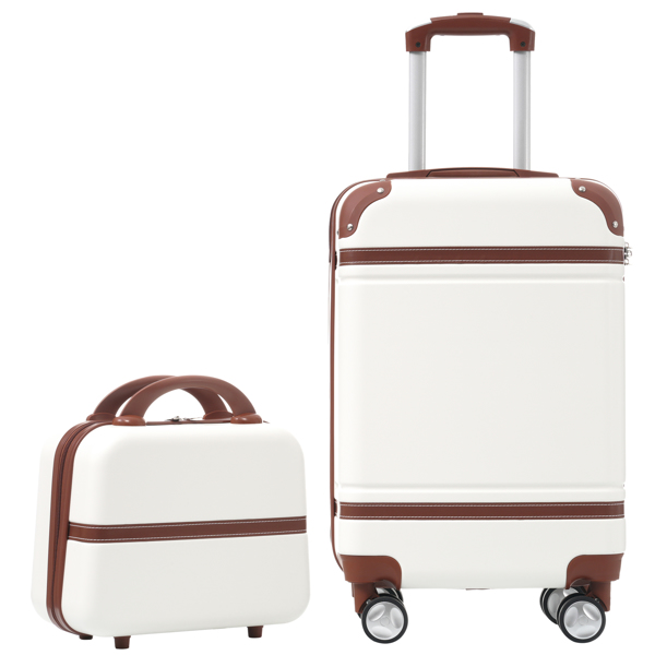 20 IN Hardside Luggage with Cosmetic Case , 2 Piece Lightweight Suitcase Set with Spinner Wheels, Carry on Vintage Luggage,White 