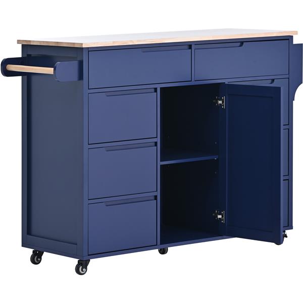 Kitchen Cart with Rubber Wood Countertop , Kitchen Island has 8 Handle-Free Drawers Including a Flatware Organizer and 5 Wheels for Kitchen Dinning Room, Dark Blue