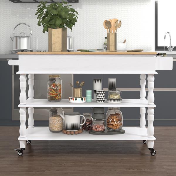 56 inch Rolling Kitchen Island with Storage,Kitchen Cart with Solid OAK Wood Top,Two-sided Kitchen island Cart on Wheels ,Wine and Spice Rack, Large Kitchen Cart with 2 Drawers, Milk White+Natural Top