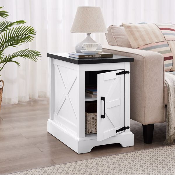 Farmhouse end table Nightstand Rectangular Farmhouse End Table with Barn Door and Adjustable Storage Shelf, Rustic Sofa Side Table for Living Room, Bedroom, White 