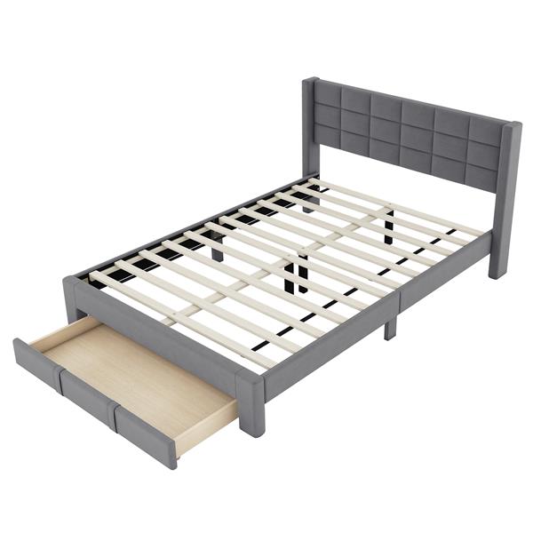 Queen Size Upholstered Platform Bed with A Big Drawer, Gray