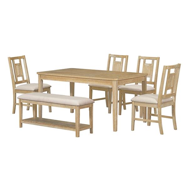 6-piece Retro Dining Set, Minimalist Dining Table and 4 upholstered chairs & 1 bench with a shelf for Dining Room(Natural Wood Wash)