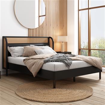 Modern Cannage Rattan Wood Platform Queen Bed, Black