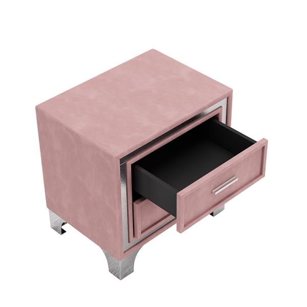 Mid Century Vintage Nightstand with Metal Legs for Bedroom, Velvet Bedside Table with 2 Drawers, Fully Assembled Except Legs and Handles, Pink