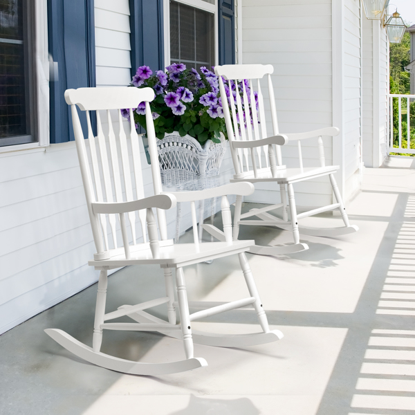 Patio Rocking Chair Solid Wood, Outdoor Porch Rocker Chair with Wooden Frame, Indoor Wooden Rocking Chair for Garden Backyard Balcony, White