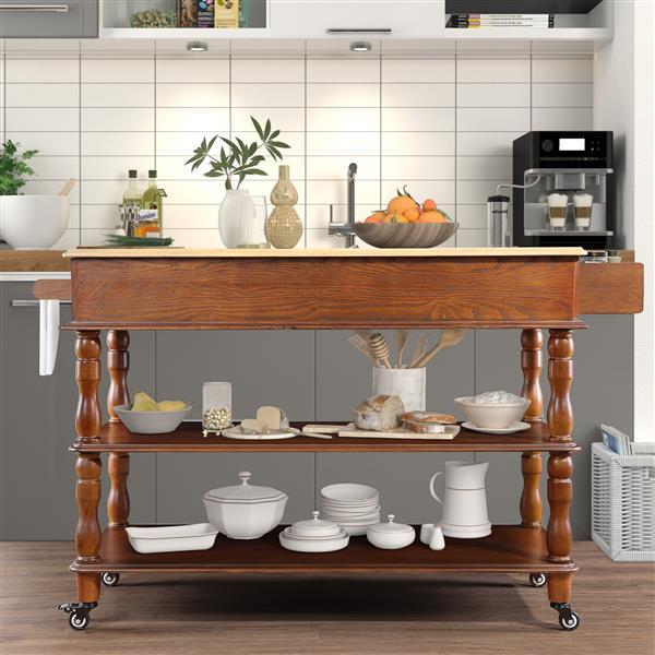 56 inch Rolling Kitchen Island with Storage,Kitchen Cart with Solid OAK Wood Top,Two-sided Kitchen island Cart on Wheels , Wine and Spice Rack, Large Kitchen Cart with 2 Drawers, Walnut+Natural Top