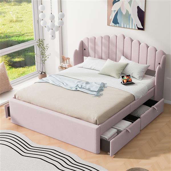 Queen Size Upholstered Platform Bed with 4 Drawers and 2 USB, Pink