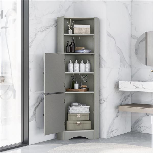 Tall Bathroom Corner Cabinet, Freestanding Storage Cabinet with Doors and Adjustable Shelves, MDF Board, Gray