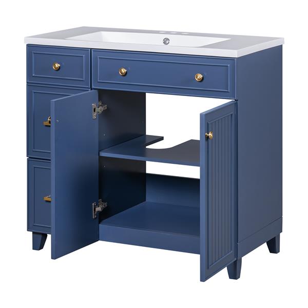 36-inch Bathroom Vanity, Transitional Style Bathroom Cabinet with Resin Sink, Navy Blue Single Bathroom Cabinet, with 2 Drawers and 1 Adjustable Storage Shelf, 2 Soft-close Doors