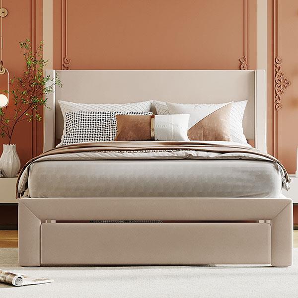 Full Size Storage Bed Velvet Upholstered Platform Bed with a Big Drawer - Beige