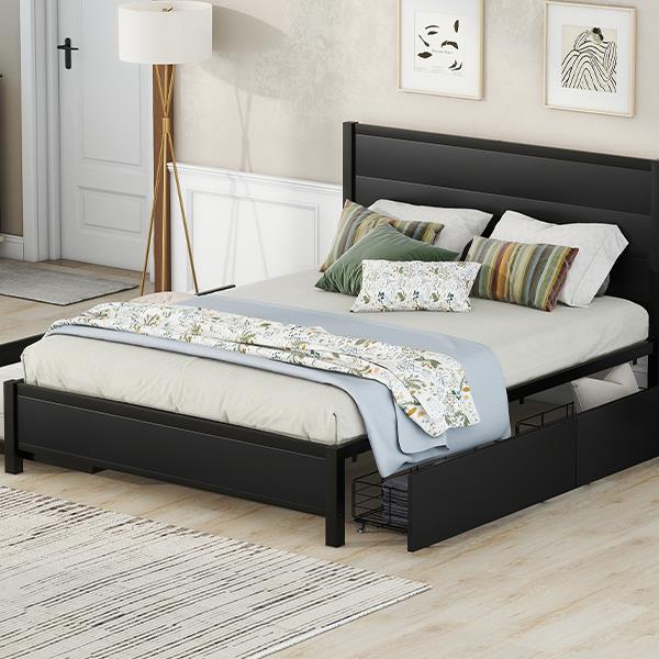 Metal Queen Size Storage Platform Bed with Twin Size Trundle and 2 Drawers, Black